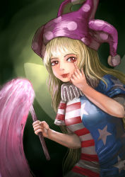Rule 34 | 1girl, akanbe, american flag dress, american flag shirt, amibazh, blonde hair, breasts, clownpiece, eyebrows, eyelid pull, fairy wings, gradient background, green background, hat, jester cap, light, lips, long hair, looking at viewer, neck ruff, nose, red eyes, short sleeves, small breasts, solo, tongue, tongue out, torch, touhou, very long hair, wings
