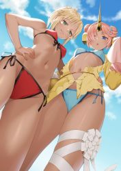 Rule 34 | 2girls, absurdres, arm around waist, bikini, blonde hair, blue bikini, blue eyes, blue sky, breasts, commentary request, day, double bun, fate/grand order, fate (series), foreshortening, frankenstein&#039;s monster (fate), frankenstein&#039;s monster (swimsuit saber) (fate), frankenstein&#039;s monster (swimsuit saber) (first ascension) (fate), from below, front-tie bikini top, front-tie top, green eyes, hair bun, hair ornament, hair over one eye, hand on own hip, highres, horns, leg ribbon, looking at viewer, looking down, mordred (fate), mordred (fate) (all), mordred (fate/apocrypha), mordred (swimsuit rider) (fate), mordred (swimsuit rider) (first ascension) (fate), multiple girls, navel, outdoors, pink hair, ponytail, red bikini, ribbon, saruchitan, short hair, side-tie bikini bottom, single horn, skindentation, sky, sleeves past wrists, small breasts, swimsuit, tan