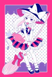 Rule 34 | 1girl, apron, back bow, bag, bandaid, bandaid on knee, bandaid on leg, black footwear, black hat, black skirt, black vest, border, bow, braid, broom, candy, candy wrapper, earrings, food, frilled skirt, frills, full body, hair bow, hat, holding, holding broom, jewelry, kirisame marisa, leaning forward, lollipop, long hair, mary janes, mouth hold, mozukuzu (manukedori), pink border, pink bow, pink eyes, pink skirt, shirt, shoes, short sleeves, shoulder bag, single braid, skirt, socks, solo, spot color, star (symbol), star earrings, starry background, striped bow, striped clothes, striped skirt, touhou, vest, waist apron, white bow, white shirt, white socks, witch hat, wrist cuffs
