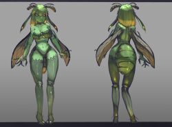 Rule 34 | 1girl, ander horlo, antennae, arms at sides, arthropod girl, black sclera, blonde hair, breasts, carapace, colored sclera, colored skin, commentary request, commission, from behind, full body, gradient hair, green hair, green skin, grey background, insect wings, large breasts, letterboxed, long tongue, looking at viewer, monster girl, multicolored hair, orange eyes, original, solo, tongue, tongue out, two-tone hair, wings