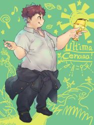 Rule 34 | 1boy, :p, brown hair, chalice, clothes around waist, commentary request, cup, english text, fat, fat man, food, full body, green background, hands up, highres, holding, holding spoon, jacket, jacket around waist, licking lips, loafers, looking to the side, male focus, pudding, rakuta (r akuta), school uniform, shoes, short hair, short sleeves, sideburns, smile, solo, spoon, thick eyebrows, tokyo houkago summoners, tongue, tongue out, yakushimaru ryota