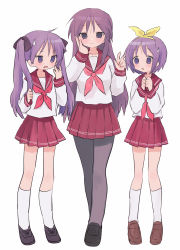 Rule 34 | 3girls, black footwear, black socks, brown footwear, commentary, full body, hairband, highres, hiiragi kagami, hiiragi miki, hiiragi tsukasa, kneehighs, loafers, long hair, looking at another, looking at viewer, lucky star, mature female, mother and daughter, multiple girls, neckerchief, pantyhose, pink neckerchief, pink sailor collar, pink skirt, pleated skirt, purple eyes, purple hair, ri (qrcode), ryouou school uniform, sailor collar, school uniform, serafuku, shoes, short hair, siblings, simple background, sisters, skirt, socks, standing, tsurime, twins, twintails, white background, white legwear, yellow hairband