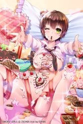 Rule 34 | 1girl, asmis hara, bed, blush, breasts, brown hair, cake, chocolate, cupcake, food, food on body, ganik (pisshine), green eyes, large breasts, looking at viewer, lying, mouth hold, nyotaimori, on back, one eye closed, pocky, short hair, solo, spread legs, sword girls, valentine