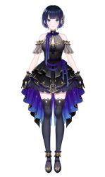 Rule 34 | 1girl, black gloves, blue eyes, blue hair, breasts, character request, closed mouth, dark blue hair, dress, female focus, frilled dress, frills, full body, gloves, hair ornament, halter dress, halterneck, highres, indie virtual youtuber, looking at viewer, mairo, mary janes, medium breasts, see-through, shoes, short hair, simple background, solo, standing, thighhighs, virtual youtuber, white background