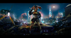 Rule 34 | 1girl, absurdres, alternate costume, baseball bat, belt, black jacket, car, city, city lights, cityscape, crop top, cyberpunk, cyberpunk (series), cyberpunk 2077, gloves, hakos baelz, hand on own hip, highres, hololive, hololive english, jacket, junkyard, letterboxed, midriff, motor vehicle, mouse girl, multicolored hair, navel, night, night sky, pantyhose, pantyhose under shorts, red hair, scenery, shin strap, shoes, shorts, sky, skyline, sneakers, solo, star (sky), thigh strap, urban, virtual youtuber, vyragami