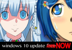 Rule 34 | 2girls, aqua eyes, aqua hair, blue eyes, blue hair, blurry, close-up, cyber (cyber knight), depth of field, empty eyes, false smile, gradient eyes, hair ornament, hairclip, knife, long hair, madobe nanami, madobe tooko, multicolored eyes, multiple girls, os-tan, parted lips, scared, shaded face, short hair, signature, smile, sparkle, staring, sweat, truth, windows 10, windows 7, yandere
