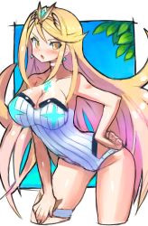 Rule 34 | 1girl, artist request, blonde hair, blush, breasts, cleavage, hand on own hip, hand on leg, hand on own leg, hand on own thigh, hand on thigh, highres, large breasts, leaning forward, long hair, looking at viewer, mythra (xenoblade), one-piece swimsuit, open mouth, swimsuit, xenoblade chronicles (series), xenoblade chronicles 2, yellow eyes