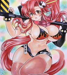 Rule 34 | 1girl, anti-materiel rifle, asymmetrical gloves, belt, bikini, bikini top only, black gloves, blush, breasts, cleavage, curvy, fingerless gloves, flame print, gloves, gun, hair ornament, highres, huge breasts, long hair, looking at viewer, navel, open mouth, over shoulder, pink thighhighs, ponytail, red hair, rifle, scarf, short shorts, shorts, skindentation, skull hair ornament, smile, sniper rifle, solo, studded belt, studded bracelet, swimsuit, tengen toppa gurren lagann, thick thighs, thighhighs, thighs, traditional media, twobee, underboob, uneven gloves, very long hair, weapon, weapon over shoulder, wide hips, yellow eyes, yoko littner