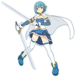 10s 1girl armband asymmetrical_clothes blue_eyes blue_hair cape dual_wielding female_focus gloves hair_ornament hairclip holding keible mahou_shoujo_madoka_magica mahou_shoujo_madoka_magica_(anime) matching_hair/eyes miki_sayaka miki_sayaka_(magical_girl) short_hair simple_background skirt solo sword thighhighs weapon white_thighhighs