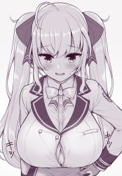 Rule 34 | 1girl, ahoge, alternate breast size, blush, bow, bowtie, breasts, bursting breasts, buttons, cleavage, flying sweatdrops, hair ribbon, hand on own hip, huge breasts, long hair, long sleeves, looking at viewer, monochrome, nijisanji, open mouth, ribbon, school uniform, simple background, solo, sweatdrop, takamiya rion, takamiya rion (1st costume), twintails, uni8, upper body, virtual youtuber, wardrobe malfunction