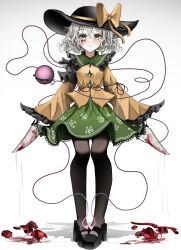 Rule 34 | 1girl, absurdres, arms at sides, black footwear, black hat, black pantyhose, blood, blood on face, bloody knife, blush, bow, buttons, closed mouth, commentary, diamond button, dual wielding, english commentary, frilled shirt collar, frilled skirt, frilled sleeves, frills, green eyes, green skirt, grey hair, hat, hat bow, heart, heart of string, high-waist skirt, high heels, highres, holding, holding knife, knife, komeiji koishi, legs together, light smile, looking at viewer, ougiikun, pantyhose, shirt, short hair, simple background, skirt, solo, standing, straight-on, third eye, touhou, wavy hair, white background, wide sleeves, yellow bow, yellow shirt