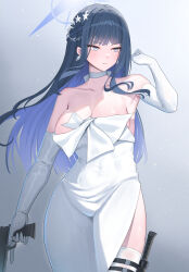 Rule 34 | 1girl, bare shoulders, blue archive, blue eyes, blue hair, blue halo, blush, breasts, choker, cleavage, closed mouth, commentary request, dress, earrings, elbow gloves, gloves, gradient background, grey background, gun, halo, hand up, highres, holding, holding gun, holding weapon, jewelry, large breasts, long hair, official alternate costume, saori (blue archive), saori (dress) (blue archive), shougun (chuckni1), solo, thighhighs, weapon, white choker, white dress, white gloves, white thighhighs