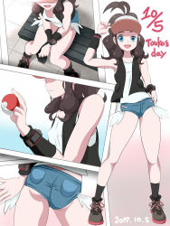 Rule 34 | 1girl, :d, absurdres, ass, bare shoulders, baseball cap, bench, blue eyes, breasts, brown hair, covered erect nipples, creatures (company), dated, denim, denim shorts, full body, game freak, hat, highres, hilda (pokemon), looking at viewer, multiple views, nintendo, open mouth, poke ball, pokemon, pokemon bw, ponytail, puffy nipples, short shorts, shorts, sitting, small breasts, smile, solo focus, vest, wristband, yang meiling