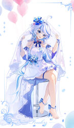 Rule 34 | 1girl, alternate costume, ankle bow, ankle ribbon, bare shoulders, barefoot, blue bow, blue eyes, blue hair, bow, commentary request, detached sleeves, dress, furina (genshin impact), genshin impact, hair bow, highres, long hair, miaogujun, multicolored hair, ribbon, short dress, short sleeves, sitting, solo, streaked hair, thigh strap, veil, very long hair, white dress, white hair