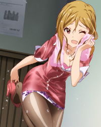 Rule 34 | 10s, 1girl, ;d, artist request, feet, high heels, idolmaster, idolmaster million live!, jewelry, long hair, looking at viewer, momose rio, necklace, official art, one eye closed, open mouth, orange hair, pantyhose, purple eyes, smile, towel, wet, wet hair, wink