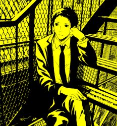 Rule 34 | 1boy, adachi tooru, black eyes, black hair, black necktie, black suit, chain-link fence, closed mouth, collared shirt, crossed legs, feet out of frame, fence, formal, hand on own knee, head rest, looking away, necktie, persona, persona 4, resekai12, shirt, short hair, signature, sitting, sitting on stairs, solo, stairs, suit, watch, white shirt, wristwatch, yellow theme
