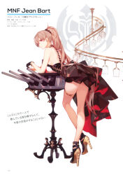 Rule 34 | 1girl, absurdres, alcohol, ask (askzy), azur lane, backless dress, backless outfit, bare shoulders, black dress, black footwear, black gloves, bracelet, breasts, brown hair, cannon, character name, cup, dress, drinking glass, earrings, full body, gloves, hair ornament, high heels, high ponytail, highres, jean bart (azur lane), jewelry, long hair, looking at viewer, looking back, medium breasts, official art, page number, ponytail, purple eyes, scan, simple background, strapless, strapless dress, thigh strap, thighs, turret