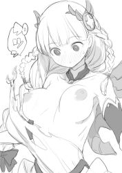 Rule 34 | 1girl, blush, braid, breasts, greyscale, hair ornament, large breasts, light valkyrie (p&amp;d), long hair, looking down, monochrome, nipples, nora higuma, open mouth, original, puzzle &amp; dragons, sketch, solo, sweatdrop, torn clothes, twin braids, valkyrie (p&amp;d), wardrobe malfunction
