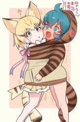 Rule 34 | 2girls, @ @, animal ear fluff, animal ears, blush, blush stickers, bow, bowtie, cat ears, commentary request, highres, hood, hoodie, kemono friends, multiple girls, pleated skirt, sand cat (kemono friends), skirt, sweat, tail, tail wagging, tareme, tranqu, translation request, tsuchinoko (kemono friends), yuri