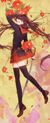 Rule 34 | 1girl, absurdres, arm over head, black hair, black thighhighs, bow, brown footwear, buttons, eyelashes, flower, full body, hair bow, hibiscus, highres, holding, holding sword, holding weapon, katana, leaf, leg up, loafers, long hair, long sleeves, looking at viewer, looking to the side, moss (2225028), original, petals, pleated skirt, red eyes, red flower, red skirt, school uniform, serafuku, shoes, skirt, solo, sword, thighhighs, twintails, very long hair, weapon, zettai ryouiki