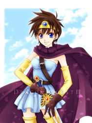 Rule 34 | bad id, bad pixiv id, blue eyes, brown hair, cape, chunsoft, circlet, dragon quest, dragon quest iii, earrings, elbow gloves, enix, gloves, jewelry, miele, roto (dq3), short hair, smile, solo, sword, thighhighs, weapon