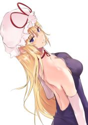 Rule 34 | 1girl, adapted costume, asuzemu, backless outfit, bad id, bad twitter id, bag, bare back, blonde hair, breasts, choker, cleavage, dress, dutch angle, elbow gloves, from above, from side, gloves, hair between eyes, hat, long hair, looking at viewer, low-cut, mob cap, purple eyes, ribbon choker, shoulder bag, simple background, smile, solo, strapless, strapless dress, touhou, very long hair, white background, white gloves, white hat, yakumo yukari