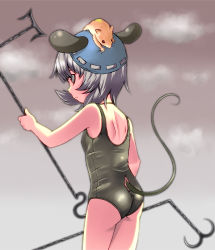 Rule 34 | 1girl, animal ears, ass, backlighting, cloud, female focus, grey hair, highres, mepikari, mouse (animal), mouse ears, mouse tail, nazrin, one-piece swimsuit, red eyes, school swimsuit, short hair, solo, swim cap, swimsuit, tail, touhou