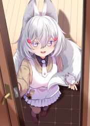 Rule 34 | 1girl, animal ears, apron, black shirt, brown sweater, carrot (jetcarrot), collared shirt, feet, fox ears, fox girl, fox tail, from above, grey hair, hair between eyes, hair ornament, highres, necktie, open mouth, phase connect, pov doorway, purple eyes, shadow, shirt, solo, striped clothes, striped shirt, sweater, tail, tenma maemi, vertical-striped clothes, vertical-striped shirt, virtual youtuber, white apron, white necktie, wooden floor