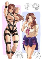 Rule 34 | breasts, brown hair, chibi, chibi inset, clothes around waist, commentary, cosplay, eu03, gyaru, hair over shoulder, hot limit, idolmaster, idolmaster cinderella girls, jewelry, jougasaki mika, jougasaki mika (cosplay), jougasaki rika, kawashima mizuki, large breasts, long hair, multiple views, one eye closed, p-head producer, plaid, plaid skirt, producer (idolmaster), revealing clothes, ring, school uniform, shimamura uzuki, shimamura uzuki (cosplay), skindentation, skirt, sleeves rolled up, solo focus, sweater, sweater around waist, w