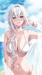 Rule 34 | 1girl, absurdres, ahoge, armpits, bare shoulders, beach, bikini, blush, bracelet, braid, breasts, cleavage, closed mouth, cloud, cloudy sky, commentary, crossed bangs, day, earrings, flower, hair flower, hair ornament, hair over shoulder, halterneck, heterochromia, highres, jewelry, large breasts, long hair, looking at viewer, mole, mole on neck, multicolored hair, nail polish, navel, ocean, original, outdoors, red eyes, revision, sand, shore, single braid, sky, solo, streaked hair, swimsuit, vitaminechan, vivi (vitaminechan), water, white bikini, white hair, yellow eyes
