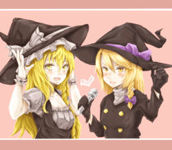 Rule 34 | 2girls, black coat, black dress, black gloves, black headwear, blonde hair, blush, bow, breasts, coat, commentary, cookie (touhou), dress, gloves, haiperion buzan, hair between eyes, hair bow, hat, hat bow, heart, holding, holding microphone, kirisame marisa, long hair, looking at viewer, mars (cookie), medium breasts, microphone, multiple girls, open mouth, purple bow, rei (cookie), smile, touhou, upper body, v-shaped eyebrows, white bow, witch hat, wrist cuffs, yellow eyes