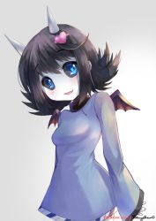 Rule 34 | 1girl, artist name, black sclera, blue eyes, blue sweater, breasts, colored sclera, commentary, grey background, hair ornament, heart, heart hair ornament, horns, medium breasts, medium hair, mini wings, original, simple background, solo, sweater, takuyarawr, wings