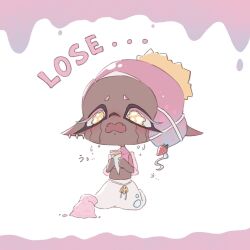 Rule 34 | ..., 1girl, colored eyelashes, commentary, crying, dark-skinned female, dark skin, earrings, english commentary, english text, fangs, food, frye (splatoon), full body, hair ornament, highres, holding, holding food, holding ice cream, ice cream, ice cream cone, ice cream cone spill, inkling, jewelry, kneeling, long hair, long pointy ears, lqk jing jia, multiple earrings, nintendo, open mouth, pink hair, pointy ears, simple background, solo, splatoon (series), splatoon 3, streaming tears, tears, tentacle hair, tooth earrings, white background, x hair ornament