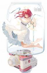 Rule 34 | 1girl, alternate hair length, alternate hairstyle, arknights, barcode, bare arms, bare legs, barefoot, chinese commentary, choker, closed mouth, commentary request, crack, cracked glass, dotted background, dress, energy wings, exusiai (arknights), full body, halo, hands up, highres, in jar, jar, long hair, orange eyes, penguin logistics logo, red hair, sleeveless, sleeveless dress, smile, solo, white background, white choker, white dress, wind, wind lift, xianjiu