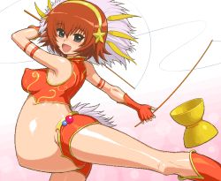 Rule 34 | 00s, 1girl, bare arms, bare shoulders, blue eyes, breasts, brown hair, covered erect nipples, diabolo, fingerless gloves, gloves, gradient background, happy, headdress, huge nipples, kaleido star, medium breasts, midriff, oekaki, open mouth, pregnant, rosetta passel, shorts, simple background, solo, tagme, tenseiani