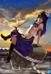 Rule 34 | 1girl, absurdres, bad id, bad pixiv id, blue hair, club3, female focus, food, fruit, hat, hat tip, highres, hinanawi tenshi, keystone, long hair, peach, red eyes, rope, shimenawa, solo, sunset, sword, sword of hisou, touhou, weapon
