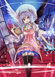 Rule 34 | 10s, 1girl, :d, asymmetrical wings, belt, black thighhighs, black wings, book, drill hair, feathered wings, full moon, garter straps, hair between eyes, head tilt, highres, holding, holding book, idolmaster, idolmaster cinderella girls, kanzaki ranko, long hair, looking at viewer, moon, nerotarou, open book, open mouth, red eyes, silver hair, smile, solo, standing, thighhighs, twin drills, twintails, white wings, wings, wonderful magic
