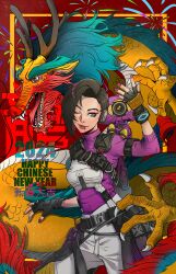 Rule 34 | 1girl, 2024, absurdres, animification, apex legends, apex legends mobile, black gloves, blue eyes, brown eyes, chinese commentary, chinese new year, chinese zodiac, chongmingggg, dragon, eastern dragon, fingerless gloves, gloves, highres, horns, lip piercing, non-humanoid robot, one-eyed, one eye closed, open mouth, orange eyes, pants, piercing, purple sweater, rhapsody (apex legends), robot, rowdy (apex legends), short hair, smile, solo, sweater, sweater tucked in, white pants, year of the dragon