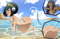 Rule 34 | 2girls, absurdres, all fours, anal, avatar: the last airbender, avatar legends, black hair, blind, blue eyes, brown hair, cloud, commission, commissioner upload, green eyes, herchi, highres, katara, multiple girls, outdoors, outstretched arms, panels, partially submerged, petite, pussy, tentacles, tongue, tongue out, toph bei fong, water, waterbending