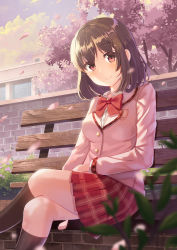 Rule 34 | 1girl, absurdres, black socks, blazer, blush, bow, breasts, brick wall, brown hair, building, closed mouth, collared shirt, commentary, crossed legs, day, dress shirt, feet out of frame, highres, holmemee, jacket, kneehighs, long sleeves, medium breasts, outdoors, petals, pink jacket, plaid, plaid skirt, pleated skirt, princess connect!, red bow, red eyes, red skirt, school uniform, shirt, skirt, smile, socks, solo, tree, white shirt, yui (princess connect!), yui (real) (princess connect!)