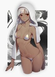 Rule 34 | 1girl, abstract background, absurdres, altera (fate), arm at side, bikini, blunt bangs, breasts, breasts apart, brown nails, closed mouth, collarbone, contrapposto, cowboy shot, cropped legs, dark-skinned female, dark skin, expressionless, fate/grand order, fate (series), gluteal fold, groin, halterneck, highres, light frown, looking at viewer, medium breasts, medium hair, mons pubis, nail polish, navel, quuni, rainbow gradient, red eyes, shiny clothes, silver bikini, silver hair, skindentation, small breasts, solo, standing, strap gap, string bikini, swimsuit, tattoo, thigh gap, thighs, towel, towel on head, tsurime