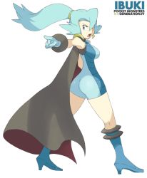 Rule 34 | 00s, 1990s (style), 1girl, aqua hair, ass, blue eyes, blue hair, bodysuit, boots, breasts, cape, character name, clair (pokemon), copyright name, creatures (company), earrings, game freak, gloves, gym leader, hair over one eye, high heels, hip focus, jewelry, knee boots, kneepits, legs, long hair, looking back, matching hair/eyes, nintendo, pointing, pokemon, pokemon gsc, pokemon hgss, ponytail, retro artstyle, shigino sohuzi, shoulder pads, simple background, solo, unitard, whip, white background, wide hips