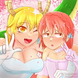 Rule 34 | 2girls, blonde hair, blush, breasts, cleavage, dragon girl, dragon horns, dress, elbow gloves, fang, female focus, flat chest, glasses, gloves, highres, horns, kobayashi-san chi no maidragon, kobayashi (maidragon), large breasts, looking at viewer, multiple girls, one eye closed, open mouth, purple dress, purple gloves, red eyes, red hair, slit pupils, smile, strapless, strapless dress, tohru (maidragon), v, w, wedding dress, white dress, white gloves, wife and wife, wink, yuri