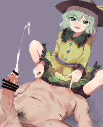 Rule 34 | 1boy, 1girl, black headwear, bow, buttons, censored, clothed female nude male, commentary request, commission, cum, diamond button, ejaculation, erection, frilled shirt collar, frilled skirt, frilled sleeves, frills, green eyes, green hair, green skirt, gunnjou yosio, handsfree ejaculation, hat, hat bow, hetero, implied cunnilingus, komeiji koishi, long sleeves, lying, male pubic hair, nipple pull, nipple stimulation, nipple tweak, nude, open mouth, penis, projectile cum, pubic hair, shirt, simple background, sitting, sitting on face, sitting on person, skeb commission, skirt, squatting, sweat, touhou, veins, veiny penis, wavy hair, yellow bow, yellow shirt