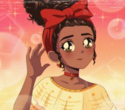 Rule 34 | 1990s (style), 1girl, afro, animification, bare shoulders, blurry, bokeh, bow, brenni murasaki, brown eyes, brown hair, choker, curly hair, dark-skinned female, dark skin, depth of field, disney, dolores madrigal, earrings, encanto, gradient background, hair bow, hand up, headband, heart, heart earrings, jewelry, red bow, red lips, retro artstyle, shirt, solo, sparkle, yellow shirt