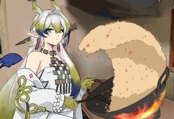 Rule 34 | 1girl, absurdres, arknights, bare shoulders, blonde hair, blue hair, breasts, chez (m4hche3zy), coat, commentary, dragon girl, dragon horns, dragon tail, english commentary, fire, food, fried rice, fried rice prank (meme), gradient hair, green eyes, grey hair, highres, holding, holding spatula, horns, long hair, meme, multicolored hair, off shoulder, pointy ears, shu (arknights), small breasts, solo, spatula, strapless, tail, tube top, white coat, white tube top, wok