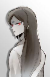 Rule 34 | 10s, 1boy, bad id, bad pixiv id, brown hair, from behind, gradient background, hair down, long hair, looking at viewer, looking back, male focus, monochrome, oogama (youkai watch), parted lips, red eyes, solo, spot color, traditional youkai, upper body, wa (wakana), youkai watch