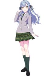 Rule 34 | 1girl, bang dream!, bang dream! it&#039;s mygo!!!!!, black footwear, black ribbon, blazer, blue hair, blush, closed mouth, collared shirt, diagonal-striped clothes, diagonal-striped necktie, full body, green necktie, green skirt, green socks, grey jacket, hair ribbon, hand up, haneoka school uniform, highres, jacket, kneehighs, loafers, long hair, long sleeves, necktie, official art, plaid, plaid skirt, pleated skirt, ribbon, school uniform, shirt, shoes, sidelocks, simple background, skirt, smile, socks, solo, striped clothes, tachi-e, togawa sakiko, transparent background, two side up, white shirt, yellow eyes