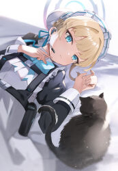 Rule 34 | 1girl, apron, bed sheet, black cat, blonde hair, blue archive, blue eyes, bun cover, cat, chest harness, closed mouth, commentary request, earpiece, expressionless, halo, harness, highres, long sleeves, lying, maid, maid headdress, nohohon neko, on back, paid reward available, short hair, solo, toki (blue archive), upper body, white apron