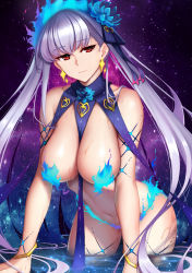 Rule 34 | 1girl, bare shoulders, blue fire, blue hair, blush, body markings, bracelet, breasts, dydydyok, earrings, fate/grand order, fate (series), fire, flower, hair flower, hair ornament, hair ribbon, highres, jewelry, kama (fate), kama (swimsuit avenger) (fate), kama (swimsuit avenger) (third ascension) (fate), large breasts, long hair, looking at viewer, lotus, multicolored hair, navel, red eyes, revealing clothes, revision, ribbon, silver hair, solo, star (symbol), star earrings, thighs, two-tone hair
